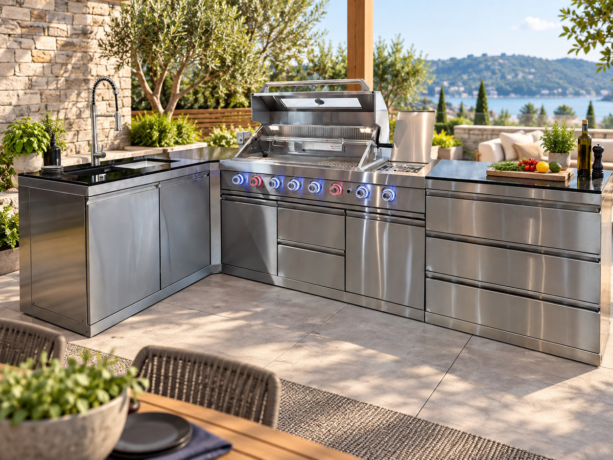 Bucătărie modulară de exterior în formă de L din inox cu grătar pe gaz, chiuvetă cu robinet, 3 sertare și blat din Quartz