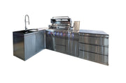 Bucătărie modulară de exterior în formă de L din inox cu grătar pe gaz, chiuvetă cu robinet, 3 sertare și blat din Quartz