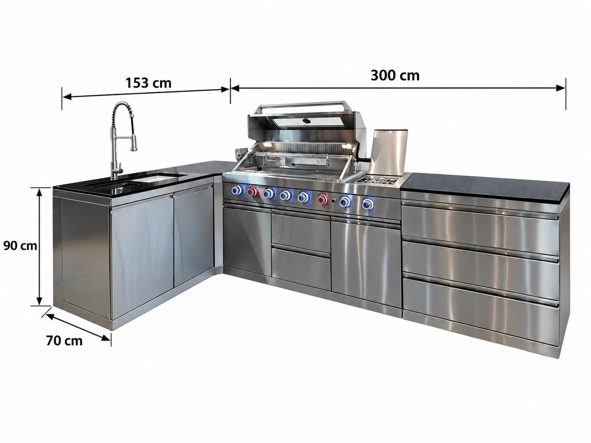 Bucătărie modulară de exterior în formă de L din inox cu grătar pe gaz, chiuvetă cu robinet, 3 sertare și blat din Quartz