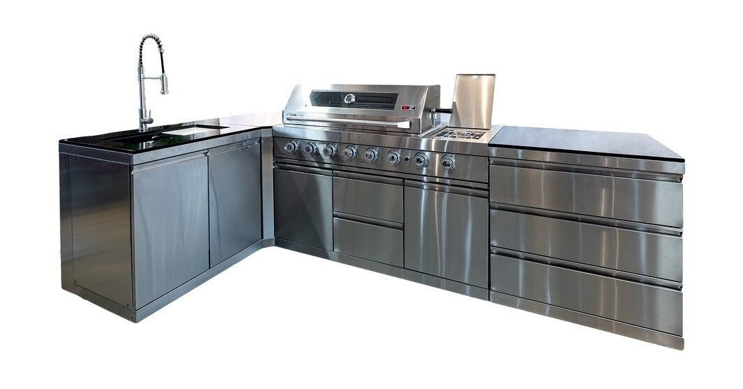 Bucătărie modulară de exterior în formă de L din inox cu grătar pe gaz, chiuvetă cu robinet, 3 sertare și blat din Quartz