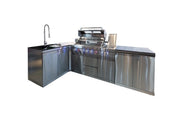 Bucătărie outdoor în L din inox cu grătar, chiuvetă, dulapuri și blat Quartz