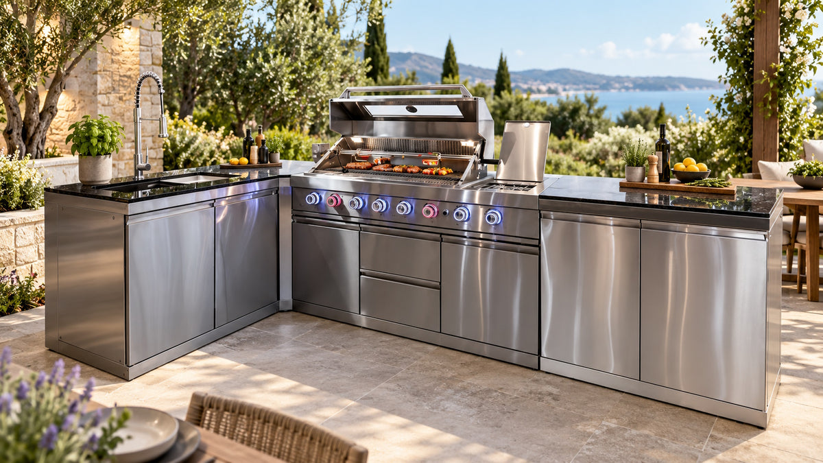 Bucătărie outdoor în L din inox cu grătar, chiuvetă, dulapuri și blat Quartz