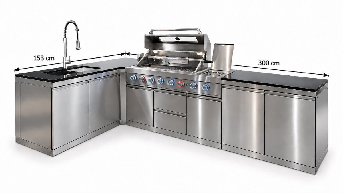 Bucătărie outdoor în L din inox cu grătar, chiuvetă, dulapuri și blat Quartz