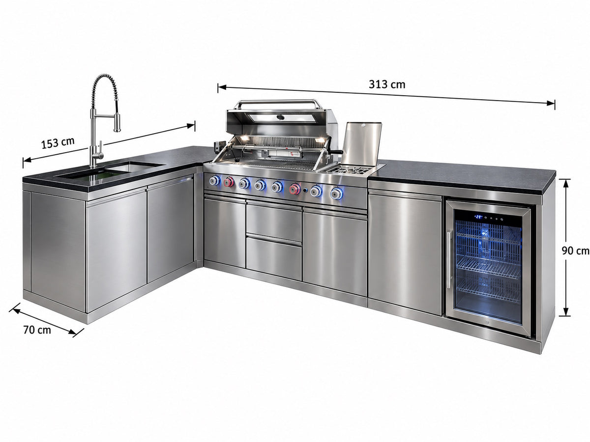 Bucătărie modulară de exterior în formă de L din inox cu grătar pe gaz, frigider, chiuvetă cu robinet, dulap și blat din Quartz