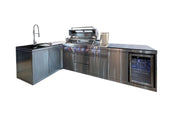 Bucătărie modulară de exterior în formă de L din inox cu grătar pe gaz, frigider, chiuvetă cu robinet, dulap și blat din Quartz