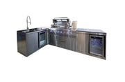 Bucătărie modulară de exterior în formă de L din inox cu grătar pe gaz, 2 frigidere, chiuvetă cu robinet, dulap și blat din Quartz