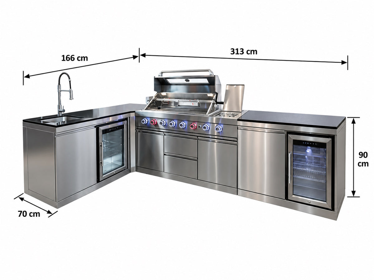 Bucătărie modulară de exterior în formă de L din inox cu grătar pe gaz, 2 frigidere, chiuvetă cu robinet, dulap și blat din Quartz