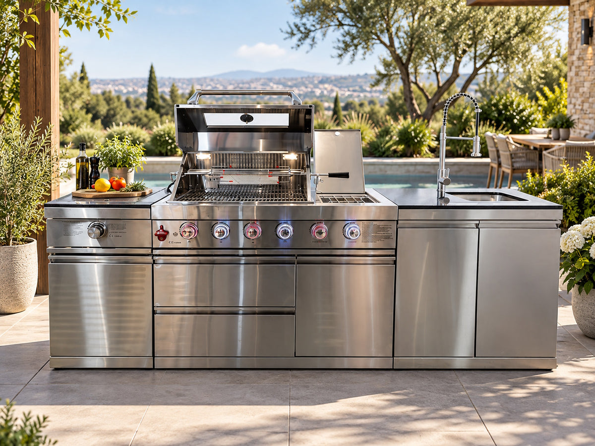 Bucătărie modulară liniară de exterior din inox cu grătar pe gaz, modul cu Infrared, chiuvetă cu robinet, dulapuri și 2 sertare