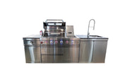 Bucătărie modulară liniară de exterior din inox cu grătar pe gaz, modul cu Infrared, chiuvetă cu robinet, dulapuri și 2 sertare