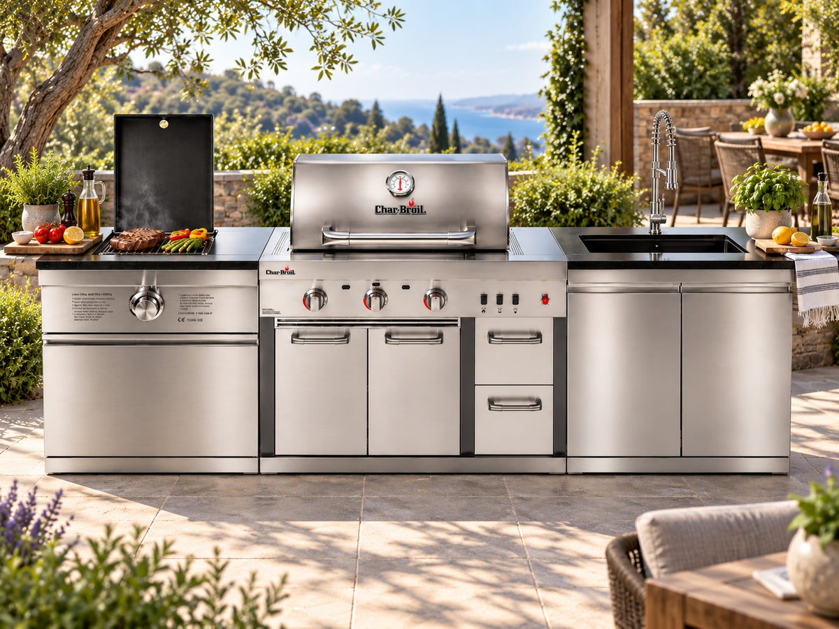 Bucătărie modulară de exterior Char-Broil Ultimate 3200 cu grătar TRU-Infrared, modul cu două uși, chiuvetă și robinet și modul Steak Zone