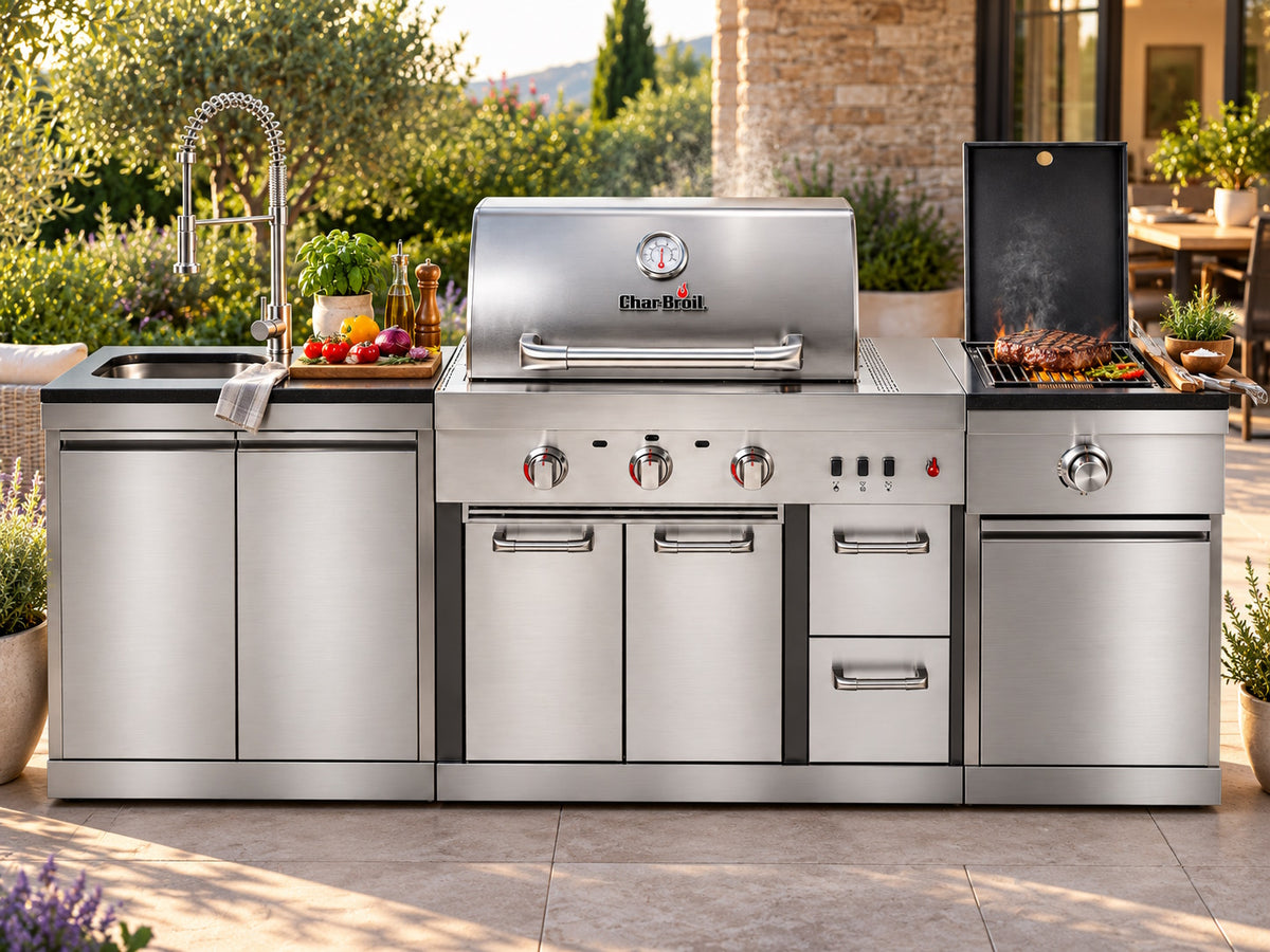 Bucătărie modulară de exterior Char-Broil Ultimate 3200 cu grătar TRU-Infrared, modul cu două uși, chiuvetă pe stânga și robinet și modul Steak Zone