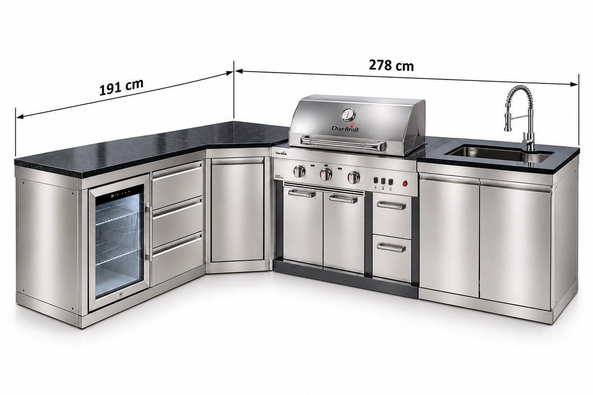 Bucătărie modulară de exterior Char-Broil Ultimate 3200 cu grătar TRU-Infrared, modul cu două uși, chiuvetă și robinet, modul cu frigider și 3 sertare și modul de colț cu ușă