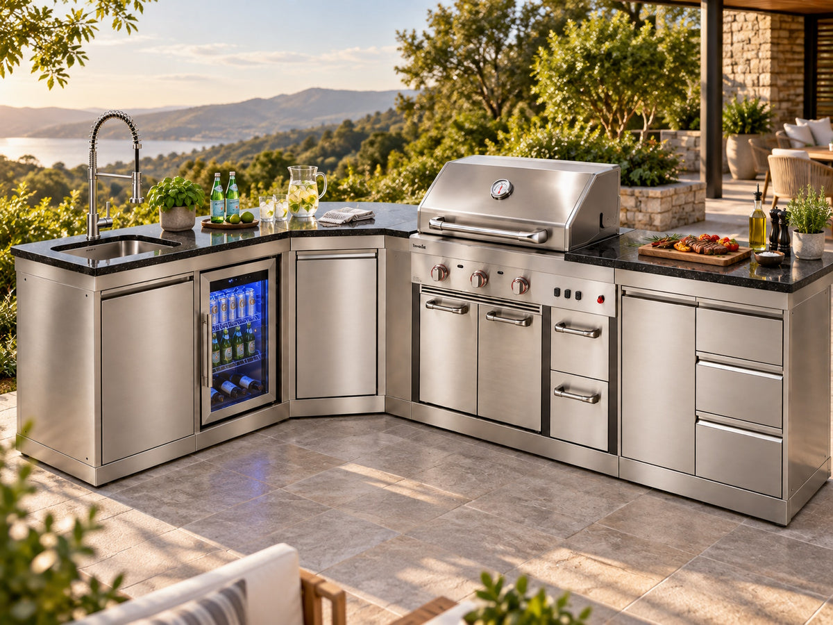 Bucătărie modulară Char-Broil Ultimate 3200 cu chiuvetă, frigider, 3 sertare și modul de colț
