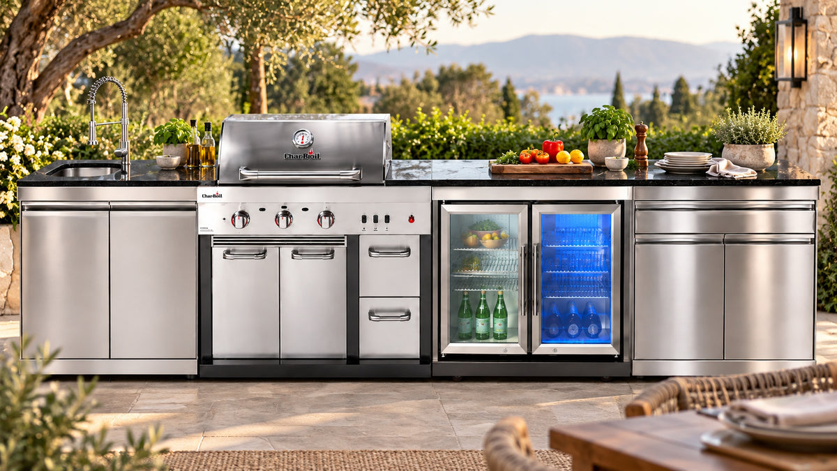 Bucătărie modulară Char-Broil Ultimate 3200 cu chiuvetă pe stânga, 2 frigidere și modul cu 2 uși și sertar