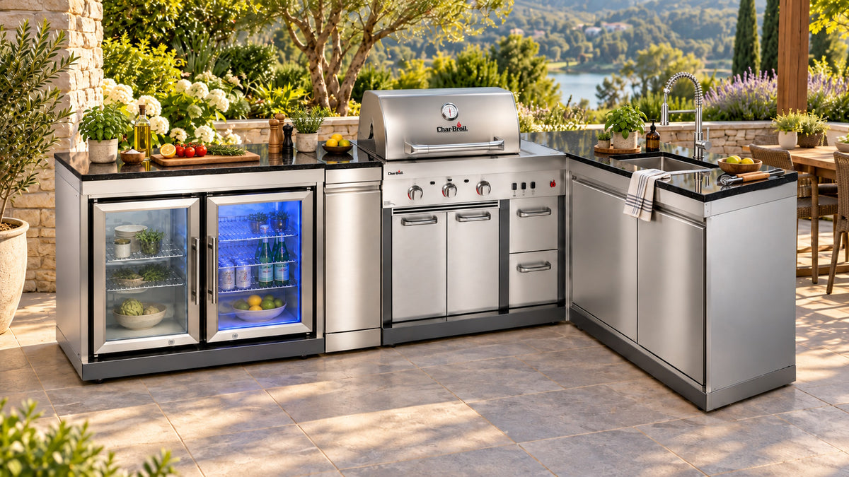 Bucătărie modulară Char-Broil Ultimate 3200 cu 2 frigidere, chiuvetă, 2 coșuri glisante și colț 90°
