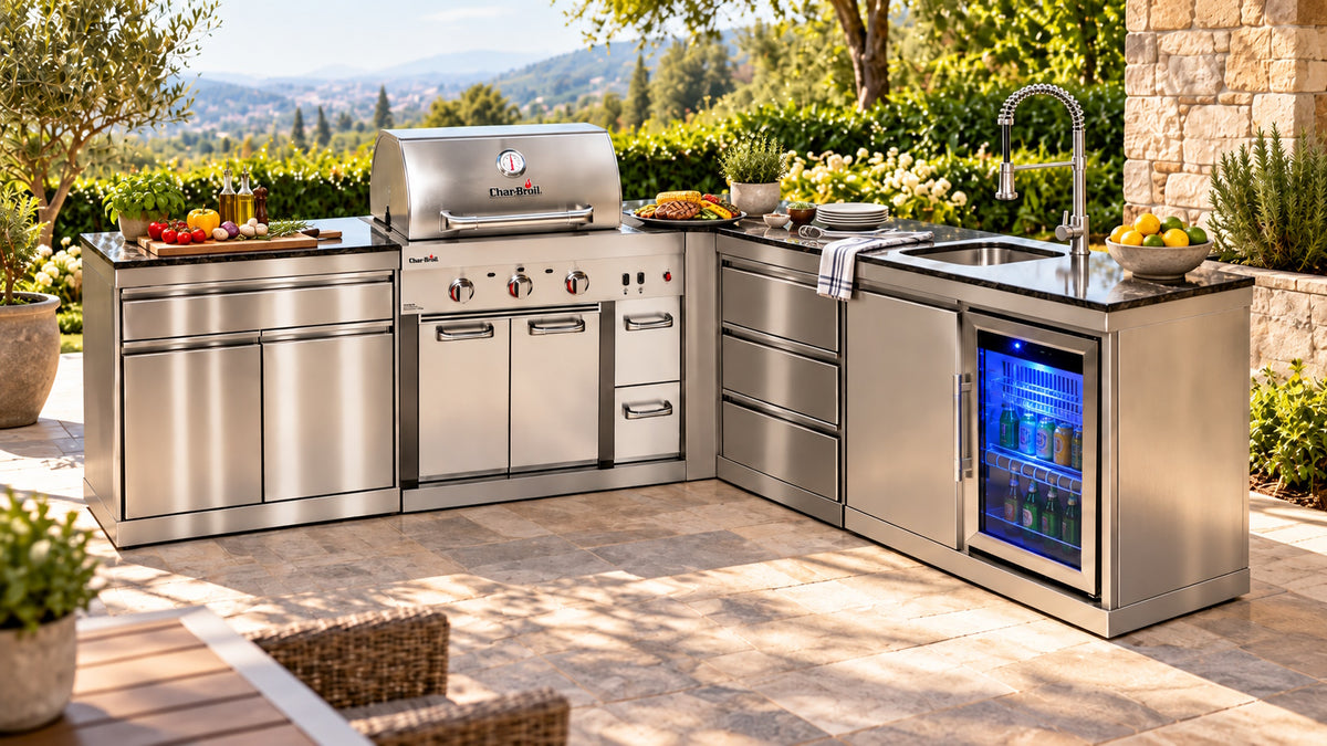 Bucătărie modulară Char-Broil Ultimate 3200 cu chiuvetă, frigider, 3 sertare, modul cu 2 uși și sertar și colț 90°