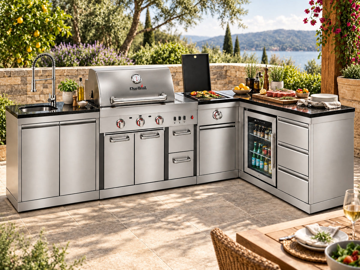 Bucătărie modulară Char-Broil Ultimate 3200 cu Steak Zone, chiuvetă, frigider, 3 sertare și colț 90°