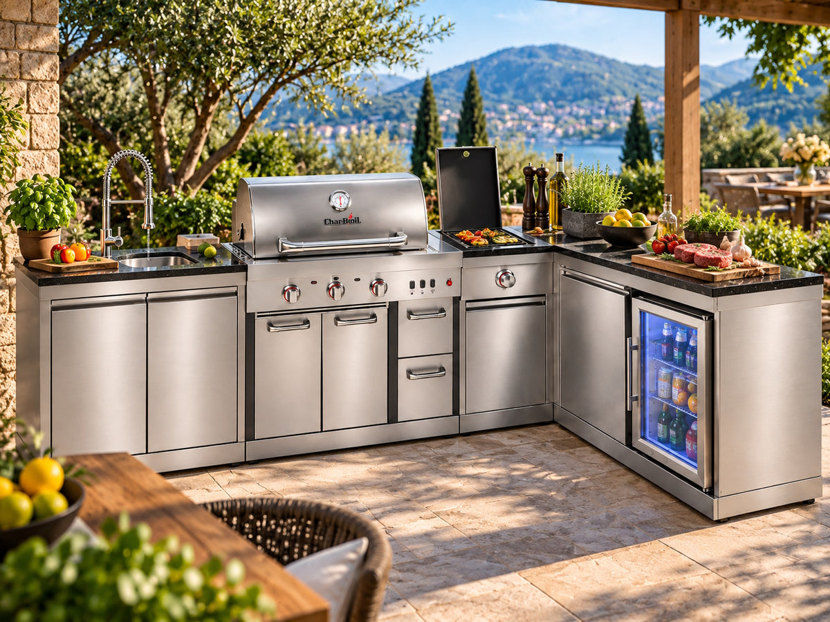 Bucătărie modulară Char-Broil Ultimate 3200 cu Steak Zone, chiuvetă, frigider și colț 90°