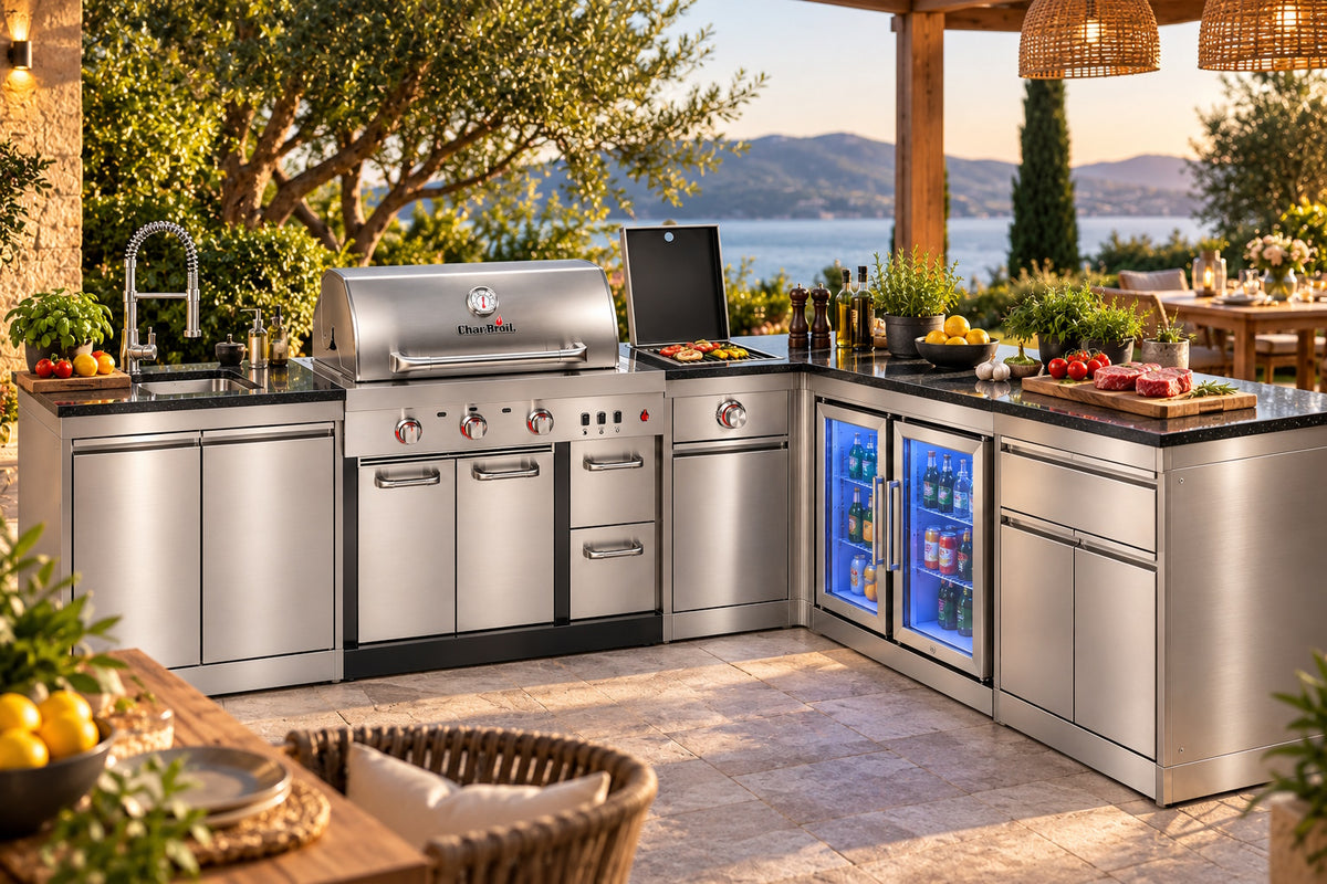 Bucătărie modulară Char-Broil Ultimate 3200 cu Steak Zone, 2 frigidere, chiuvetă, depozitare și colț 90°