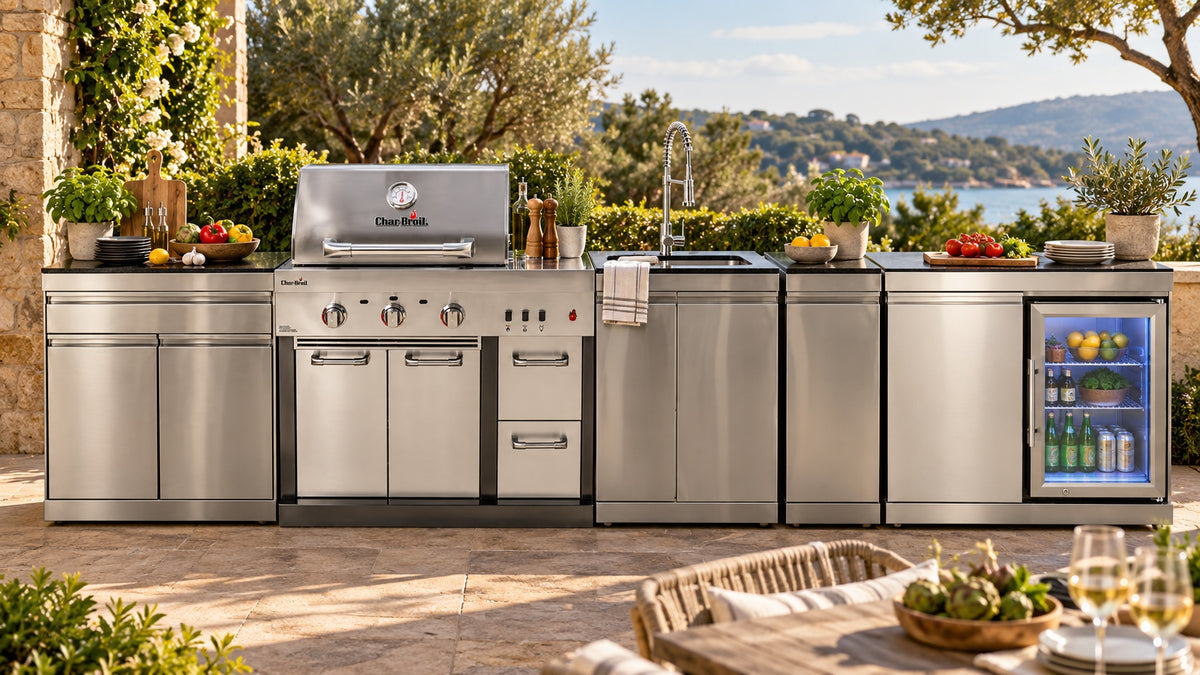 Bucătărie modulară Char-Broil Ultimate 3200 cu frigider, chiuvetă pe dreapta, 2 coșuri glisante și modul cu 2 uși și sertar