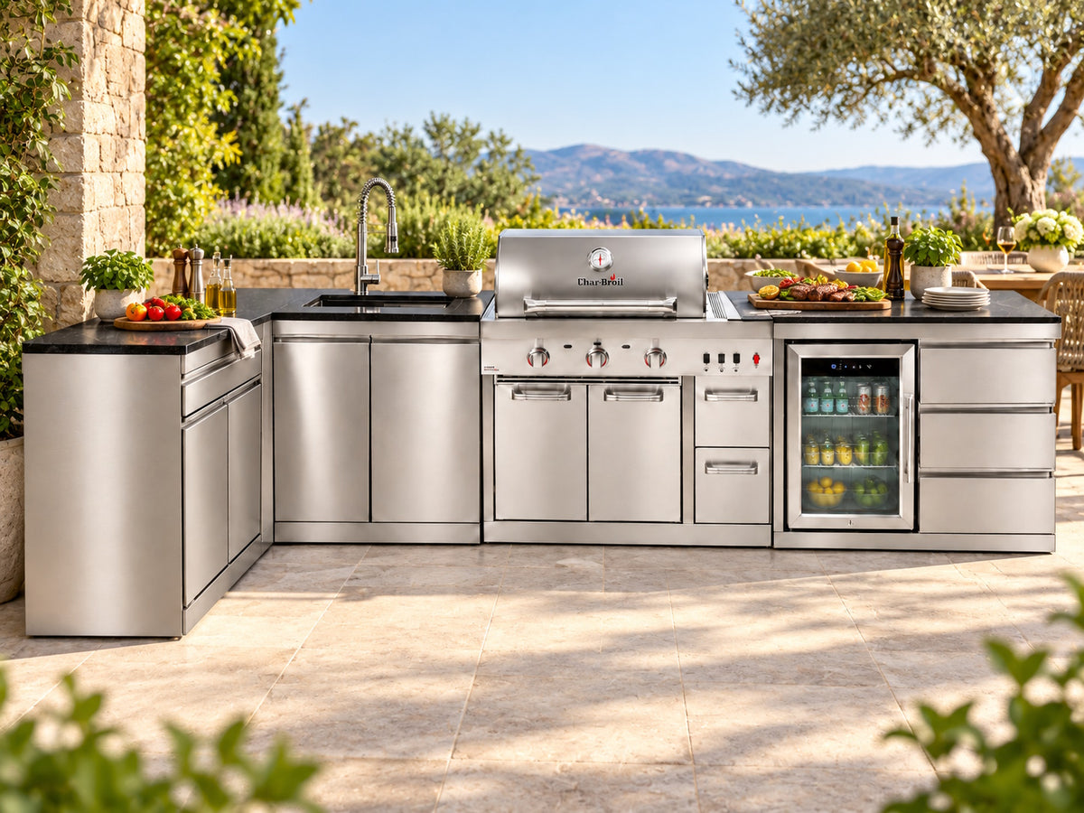 Bucătărie modulară Char-Broil Ultimate 3200 cu chiuvetă, frigider, 3 sertare, modul cu 2 uși și sertar și colț 90°