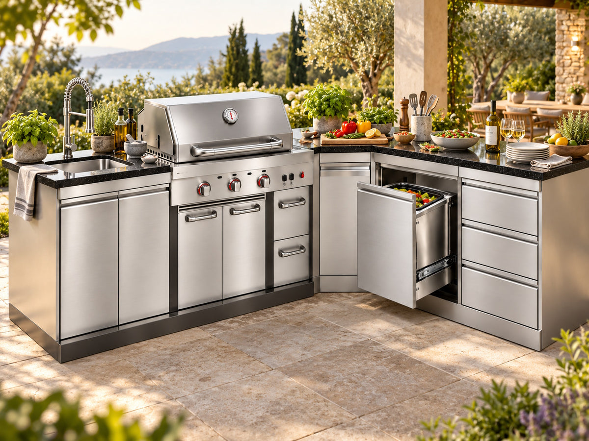Bucătărie modulară Char-Broil Ultimate 3200 cu chiuvetă, compartiment pentru coș de gunoi, 3 sertare și colț 90°
