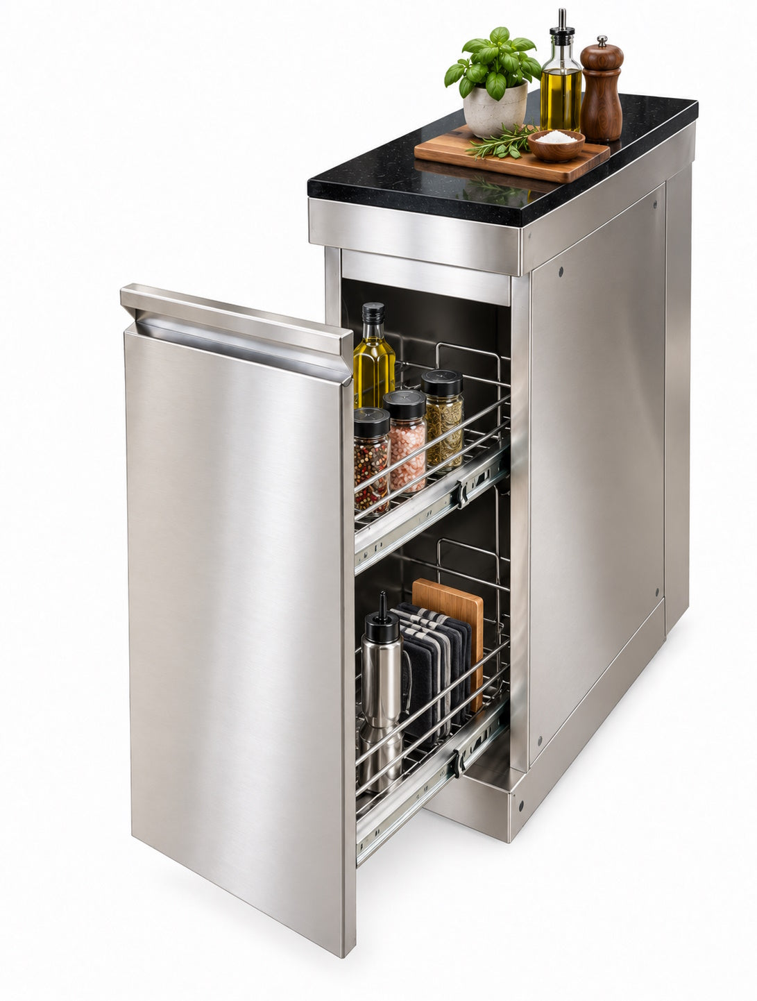 Modul organizator p/u bucătărie de exterior din inox cu 2 coșuri glisante și blat din Quartz