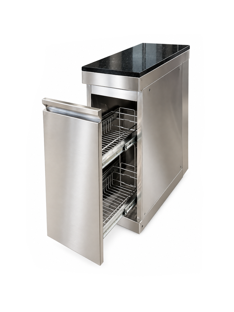 Modul organizator p/u bucătărie de exterior din inox cu 2 coșuri glisante și blat din Quartz